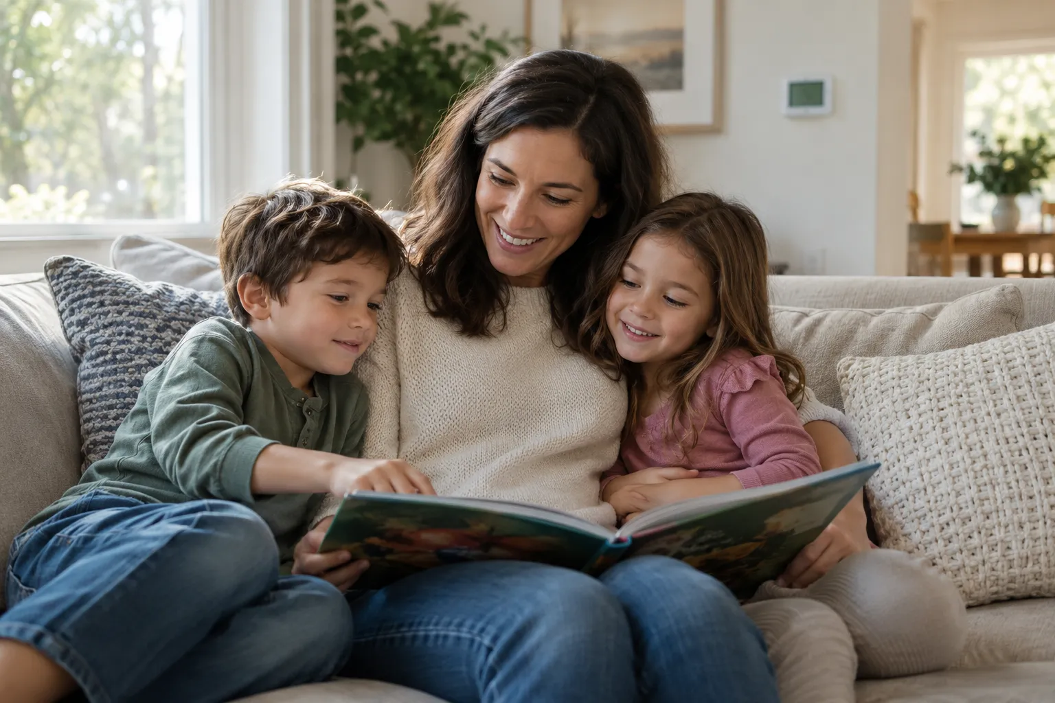 A family relaxing in a comfortable living room after heating and cooling service in the Sacramento area